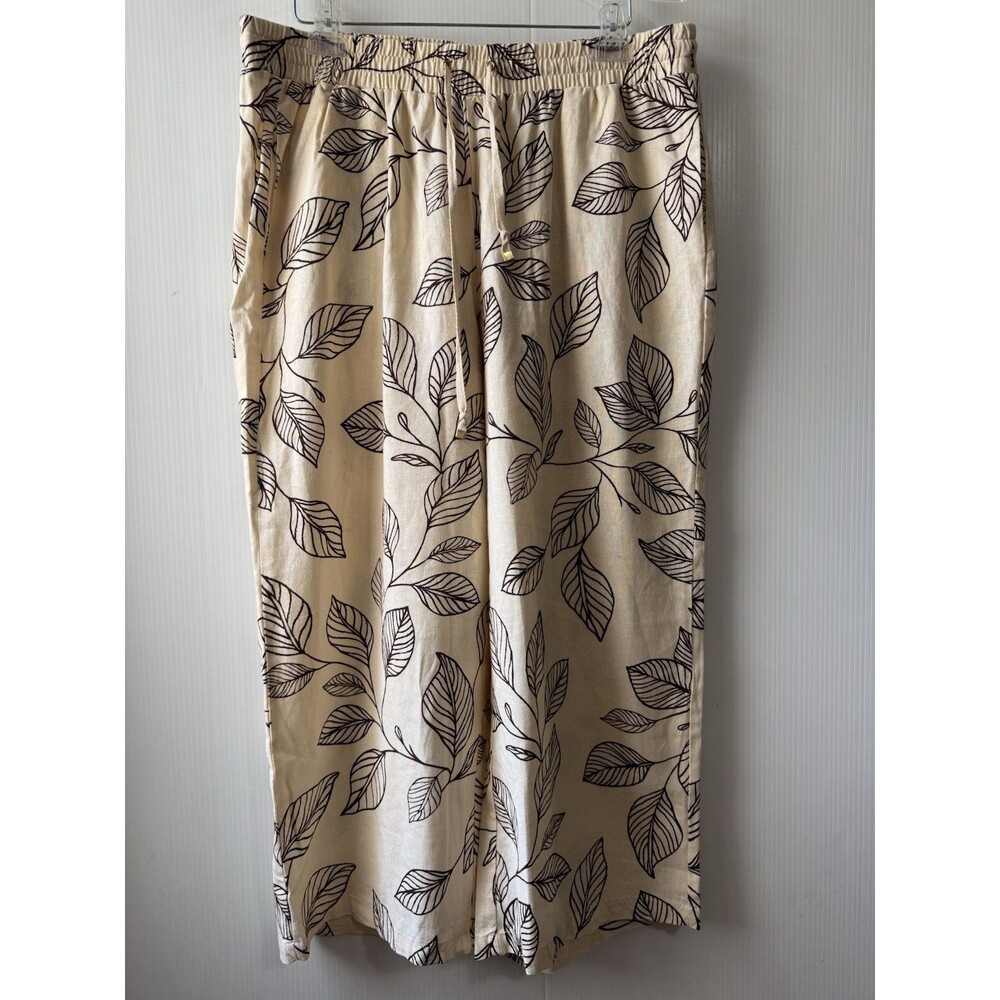Calligraphie Wide Leg Leaf Linen Blend Pants Women’s Sz L Cropped Pants